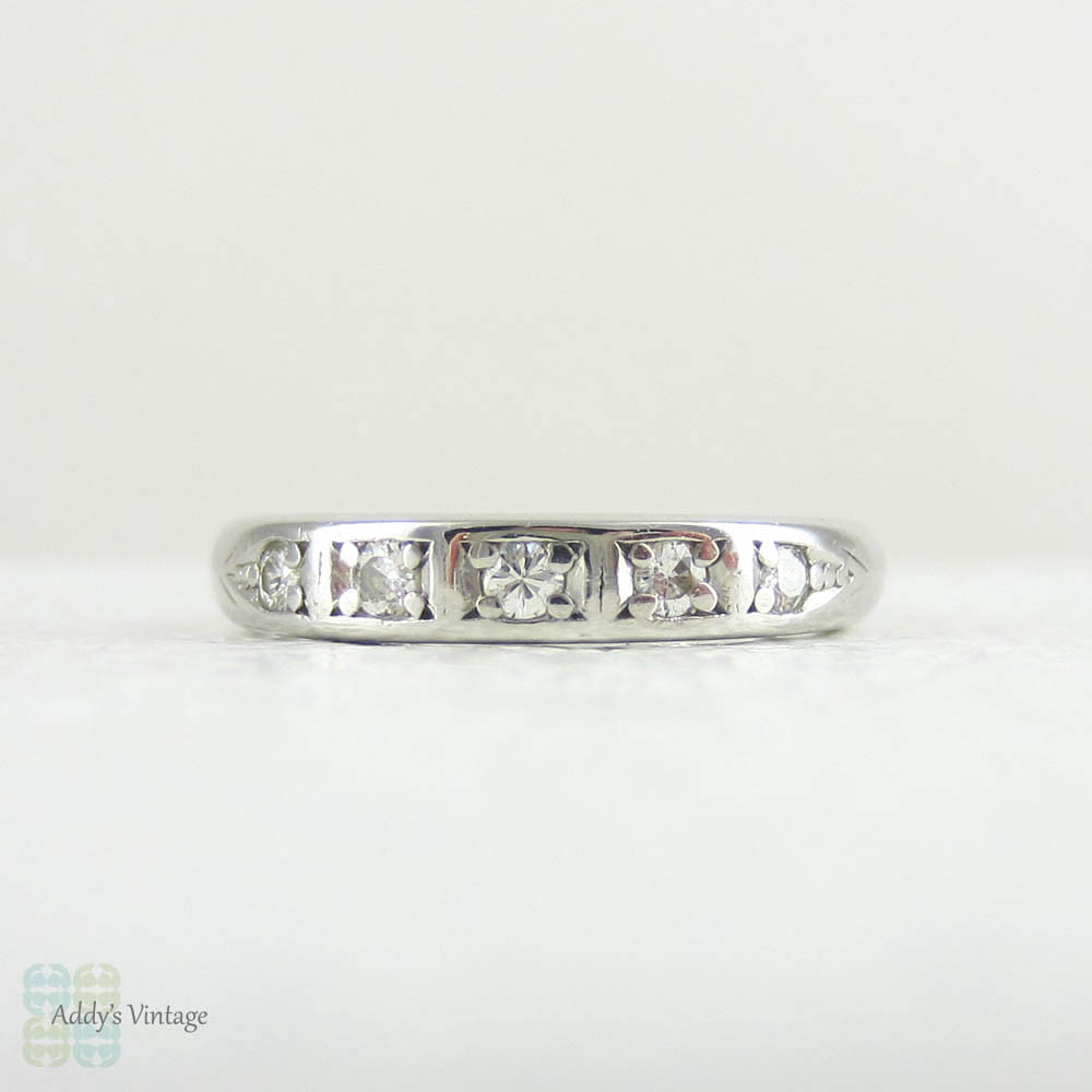Platinum & Five Stone Round Brilliant Diamond Ring. Vintage 1950s Half Hoop Wedding Band with Pave Set Diamonds. Size F.5 / 3.25.