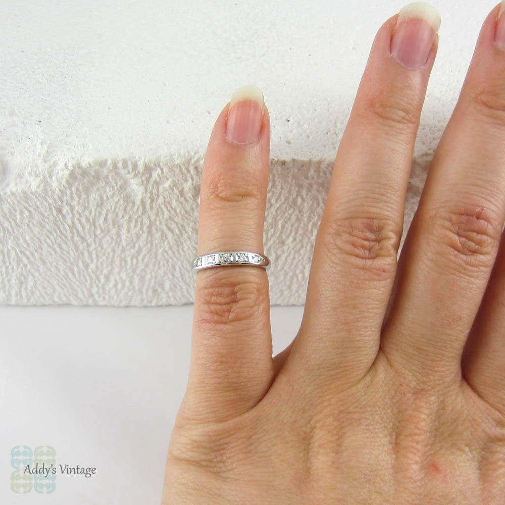 Platinum & Five Stone Round Brilliant Diamond Ring. Vintage 1950s Half Hoop Wedding Band with Pave Set Diamonds. Size F.5 / 3.25.