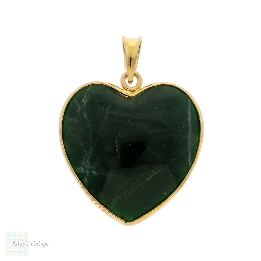 Vintage Serpentine Heart Pendant 14k 14ct Yellow Gold.