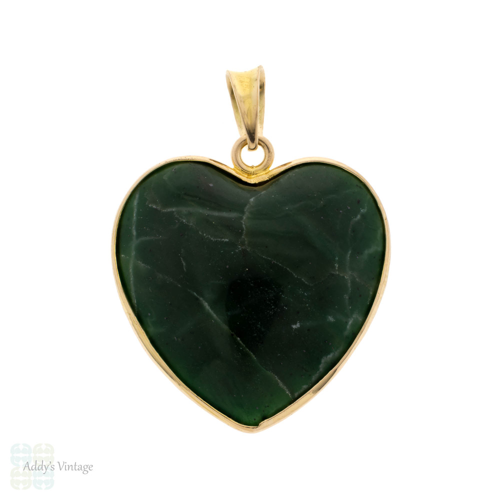 Vintage Serpentine Heart Pendant 14k 14ct Yellow Gold.