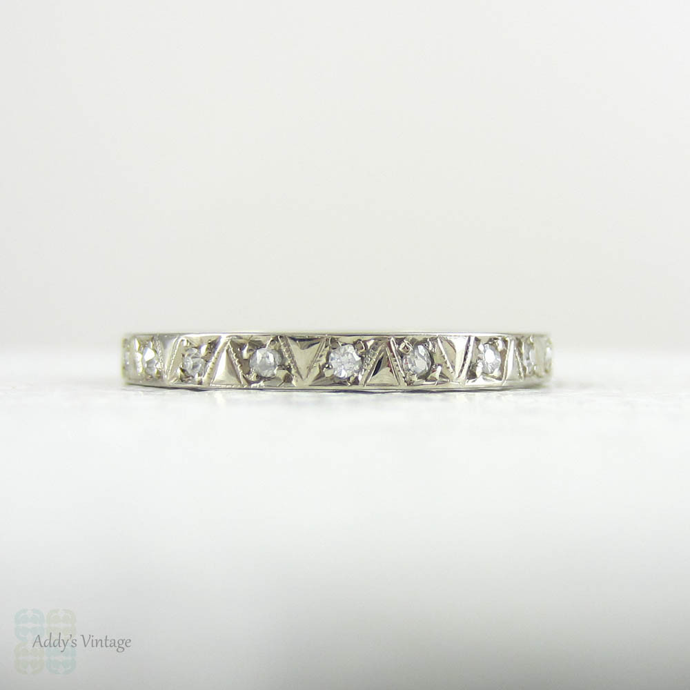 Vintage Diamond Wedding Ring, Full Diamond Eternity in 18 Carat White Gold with Geometric Pattern & Engraved Sides.