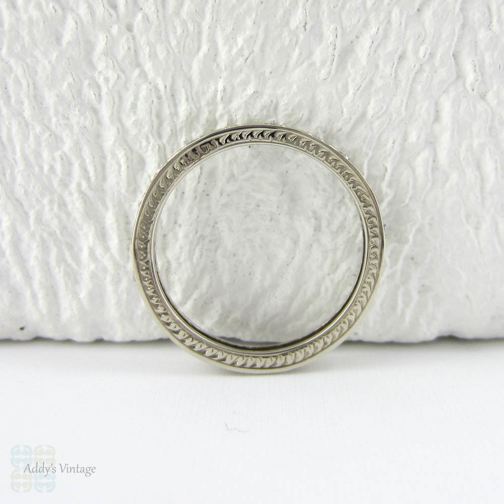 Vintage Diamond Wedding Ring, Full Diamond Eternity in 18 Carat White Gold with Geometric Pattern & Engraved Sides.