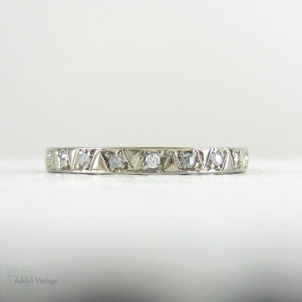 Vintage Diamond Wedding Ring, Full Diamond Eternity in 18 Carat White Gold with Geometric Pattern & Engraved Sides.