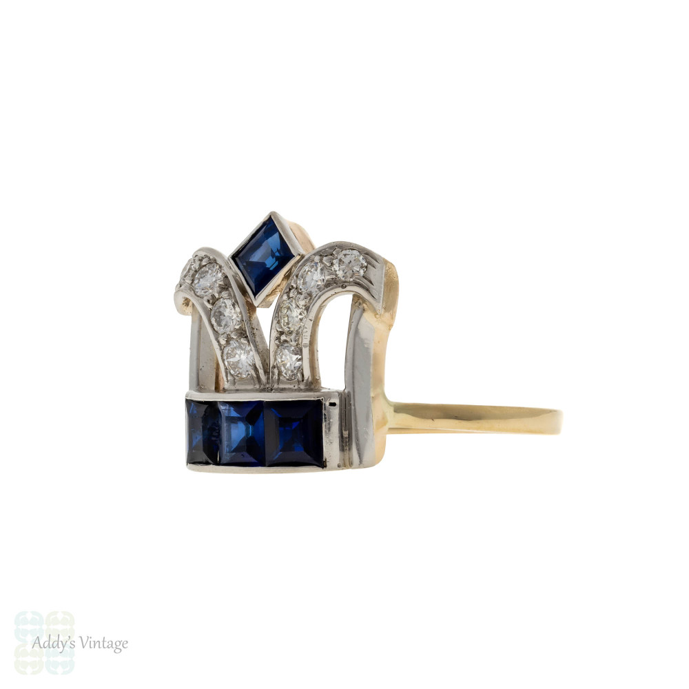 Sapphire & Diamond Tiara Crown Ring, Vintage Conversion Cocktail Ring 14k & Platinum.