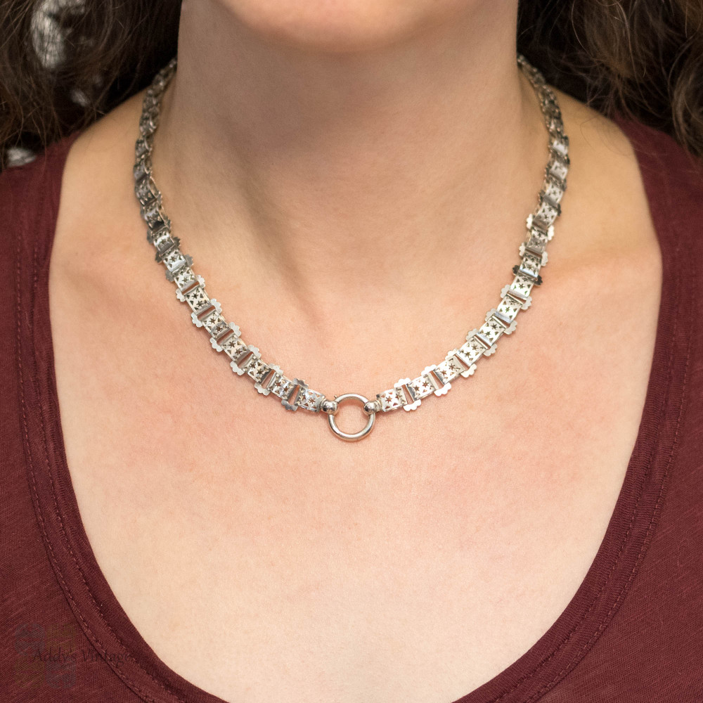 Antique Victorian Pierced Star Design Sterling Silver Book Chain, 48 cm / 19 inches.