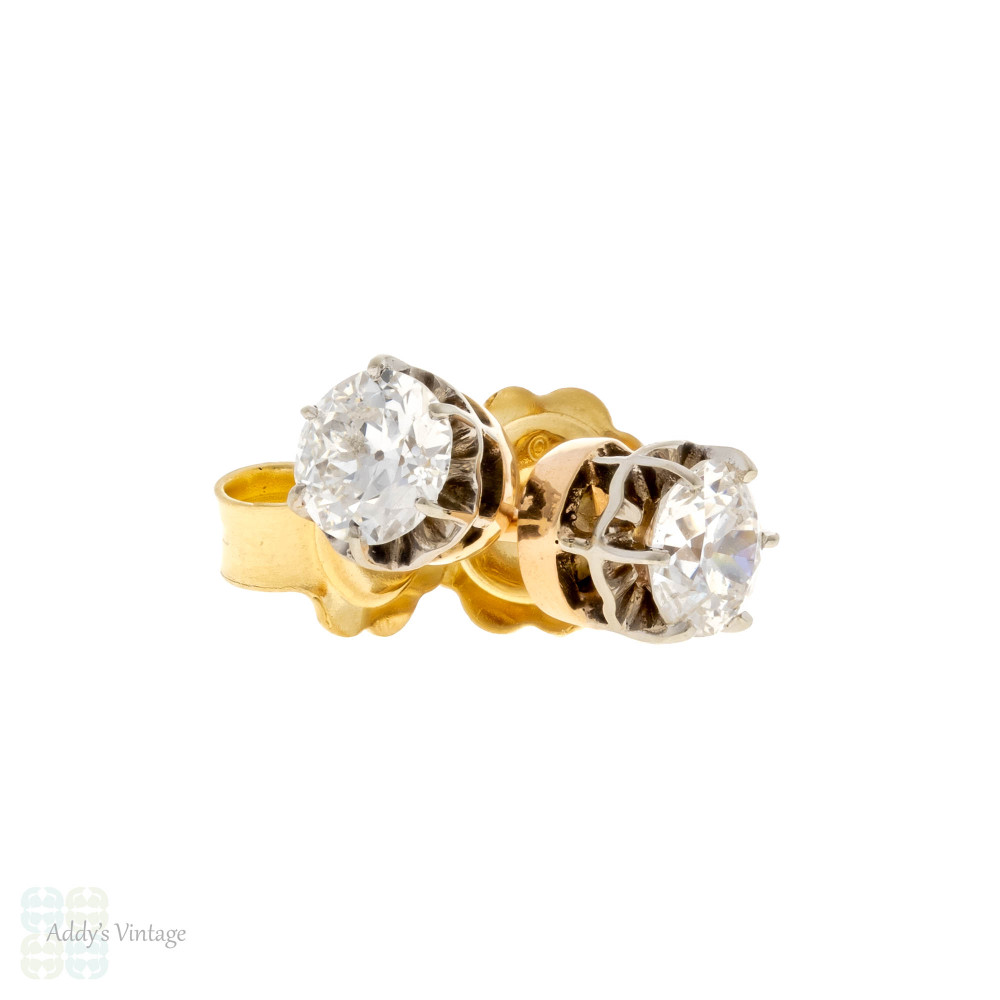 Old European Cut 0.80 ctw Diamond Stud Earrings, 18ct Two Tone Gold.