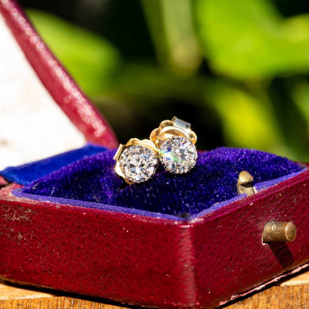 Old European Cut 0.80 ctw Diamond Stud Earrings, 18ct Two Tone Gold.