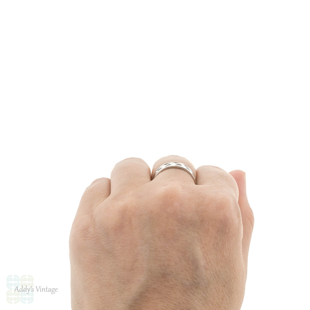 Vintage Platinum Horseshoe Wedding Ring, Wide Engraved Band Size R.5 / 9.