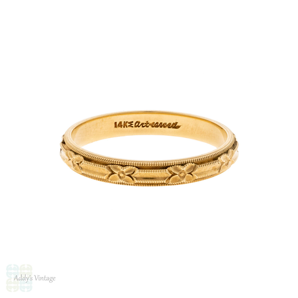 Vintage Floral Engraved 14k Yellow Gold ArtCarved Wedding Band, Size R.5 / 9.