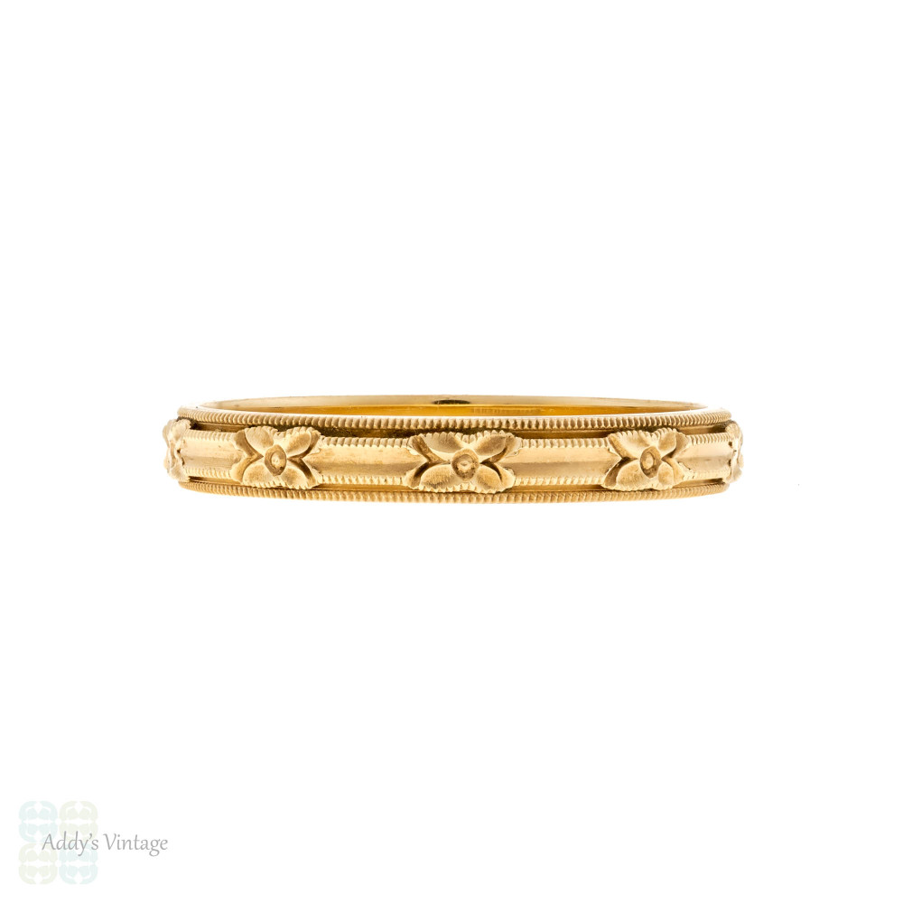 Vintage Floral Engraved 14k Yellow Gold ArtCarved Wedding Band, Size R.5 / 9.