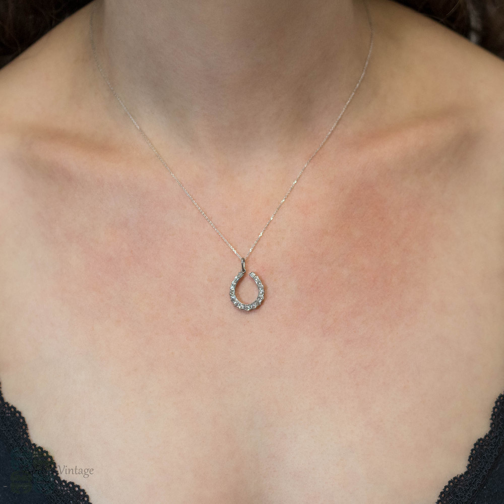 Platinum Antique Old Mine Cut Diamond, 0.65ctw, Lucky Horseshoe Pendant.