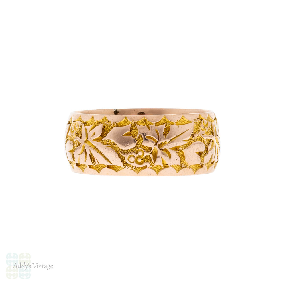 Leaf & Heart Engraved 9ct Rose Gold Antique Wedding Band, Size P.5 / 8.