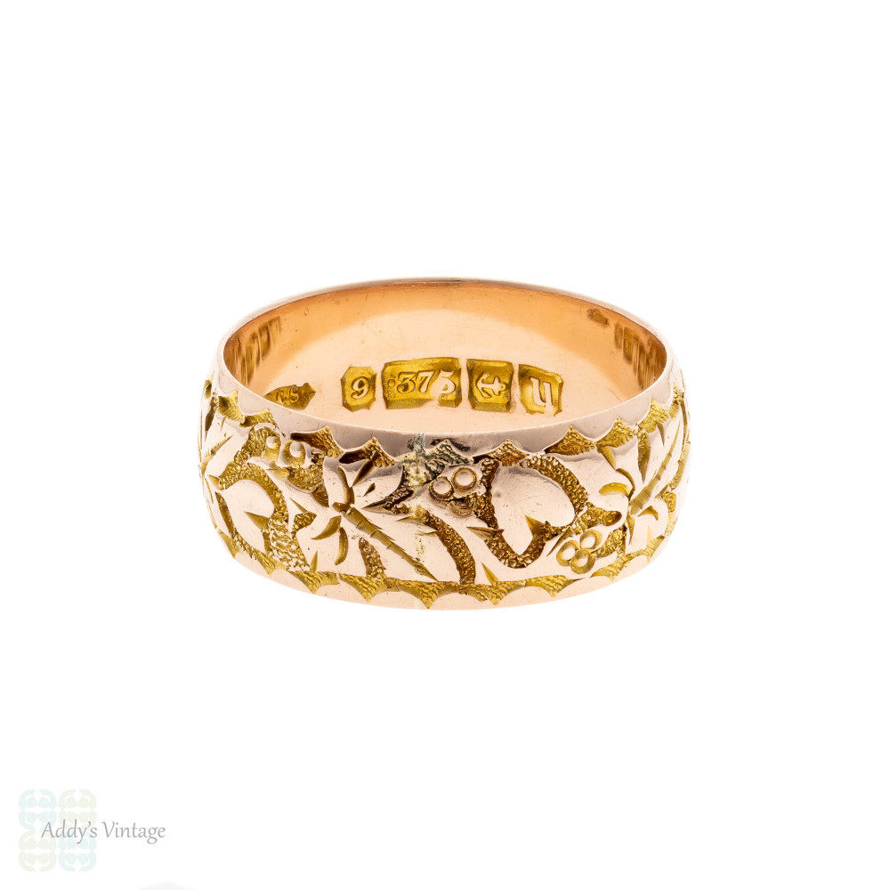 Leaf & Heart Engraved 9ct Rose Gold Antique Wedding Band, Size P.5 / 8.