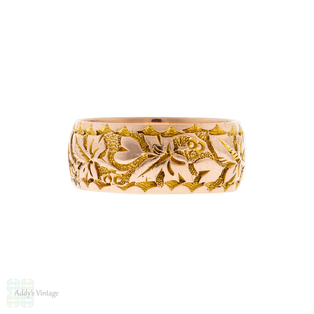 Leaf & Heart Engraved 9ct Rose Gold Antique Wedding Band, Size P.5 / 8.