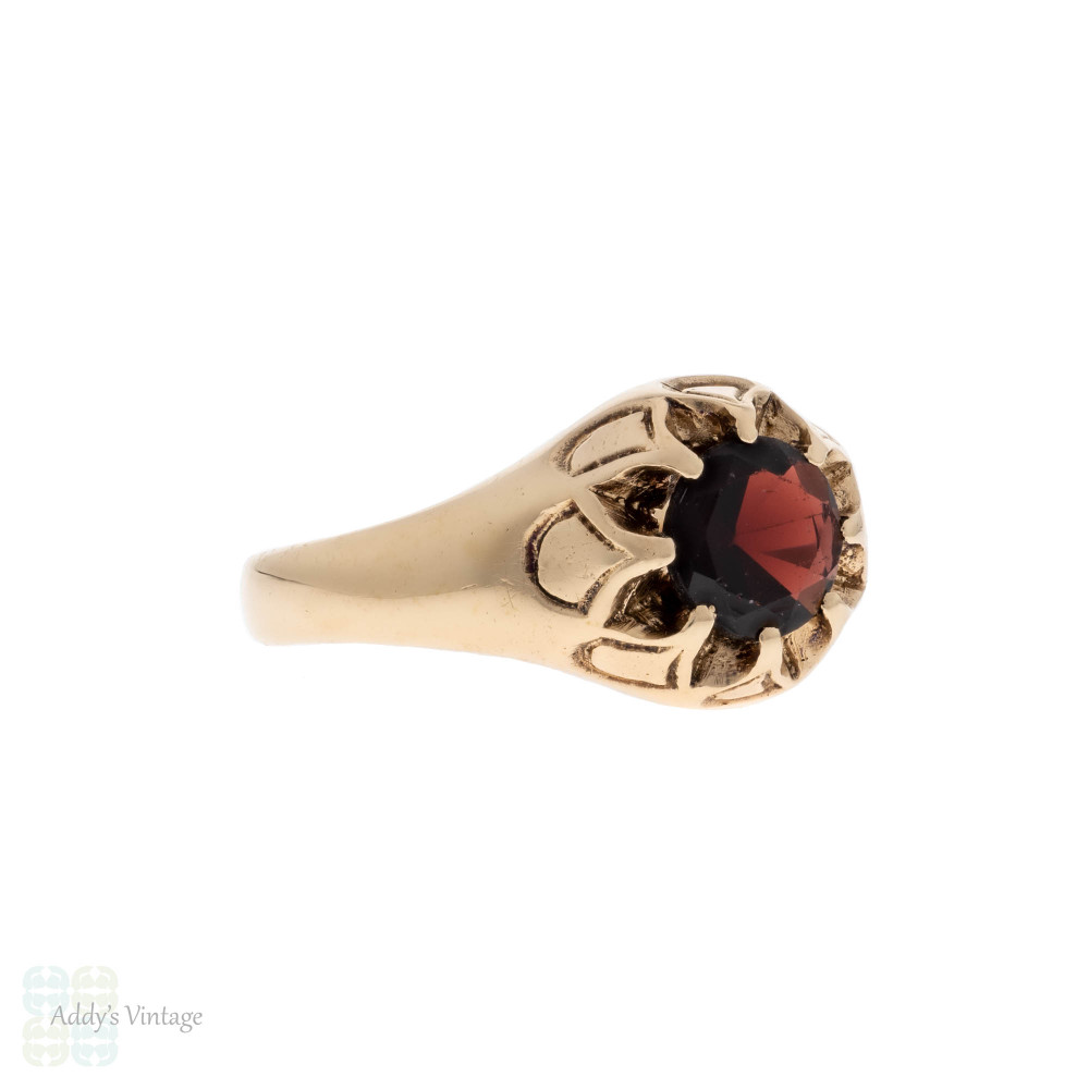 Garnet Single Stone Ring, Chunky Vintage 9ct Gold 1970s Band.