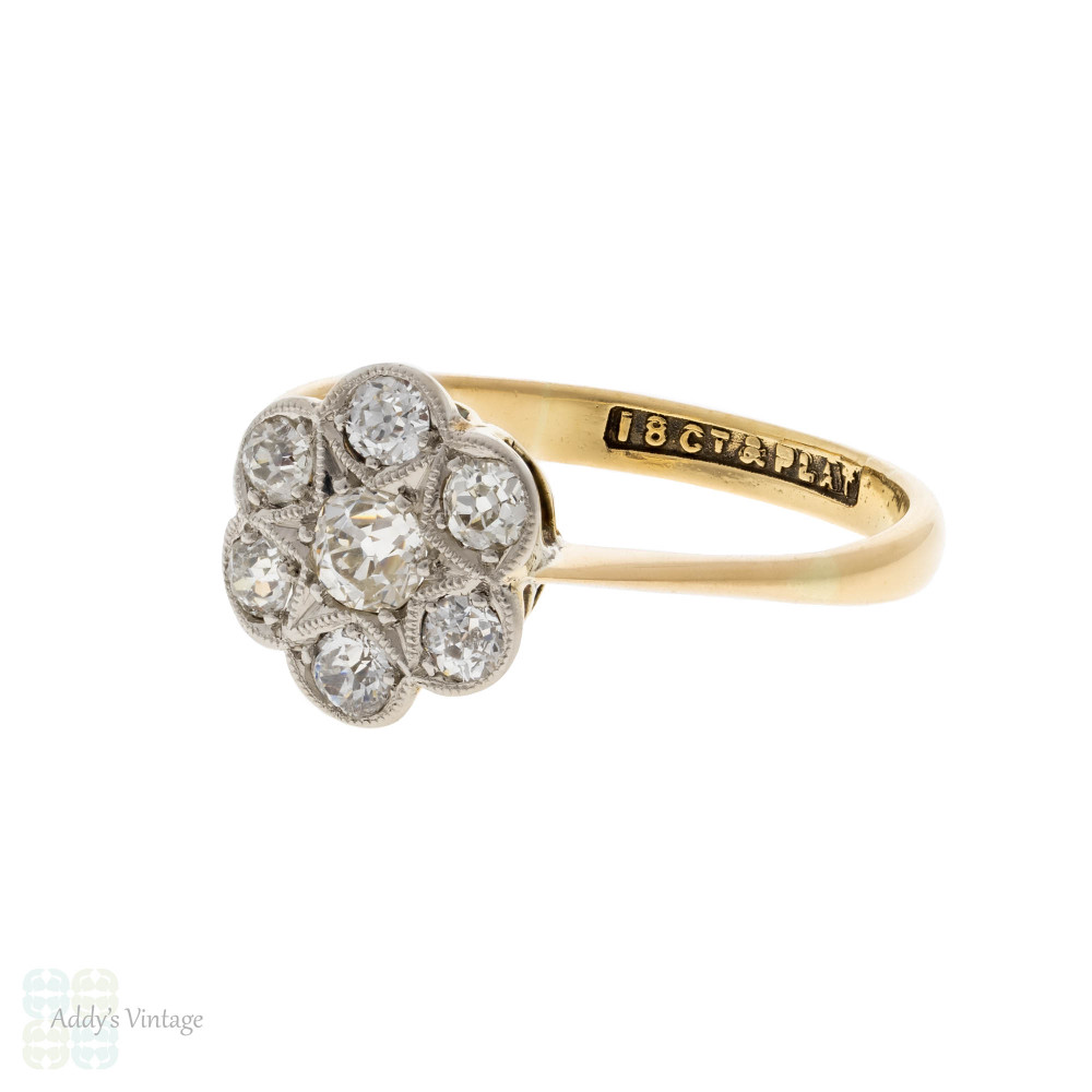 Diamond Daisy Engagement Ring, Antique Edwardian 18ct Platinum Cluster Ring.