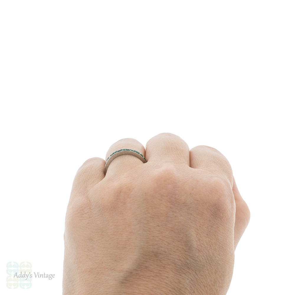 Antique Emerald Eternity Ring, Platinum Channel Set Band Size M / 6.25.