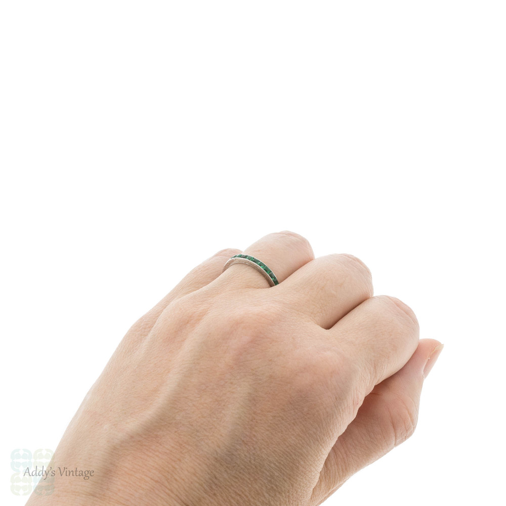 Antique Emerald Eternity Ring, Platinum Channel Set Band Size M / 6.25.