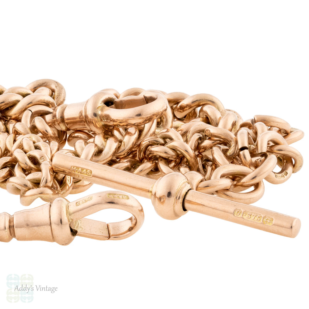 Antique 9ct Gold Albert Chain Necklace Heavy 44.2g Curb Link 2 Dog Clips T Bar. Addy s Vintage