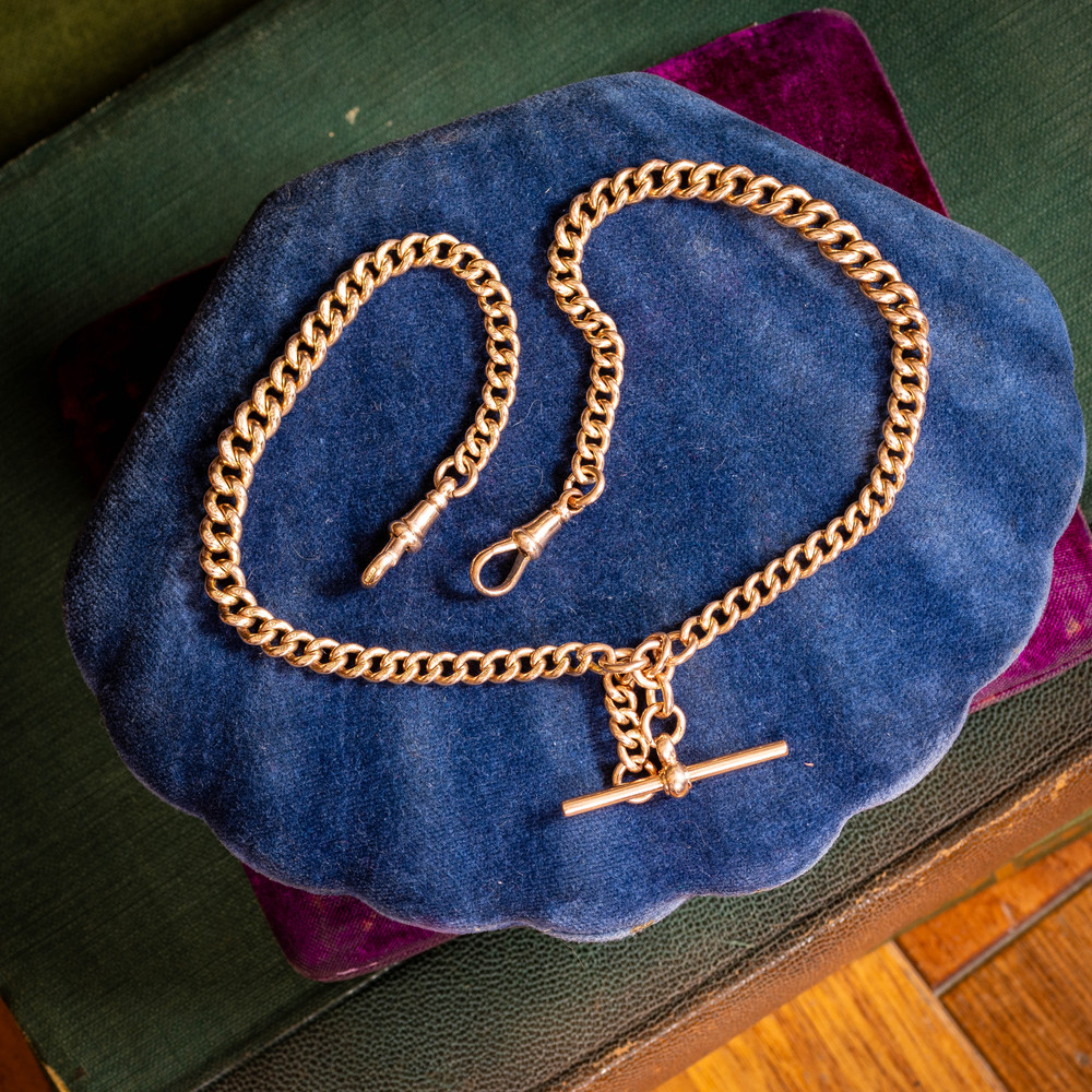 Antique 9ct Gold Albert Chain Necklace, Heavy 44.2g Curb Link 2 Dog-Clips & T-Bar.