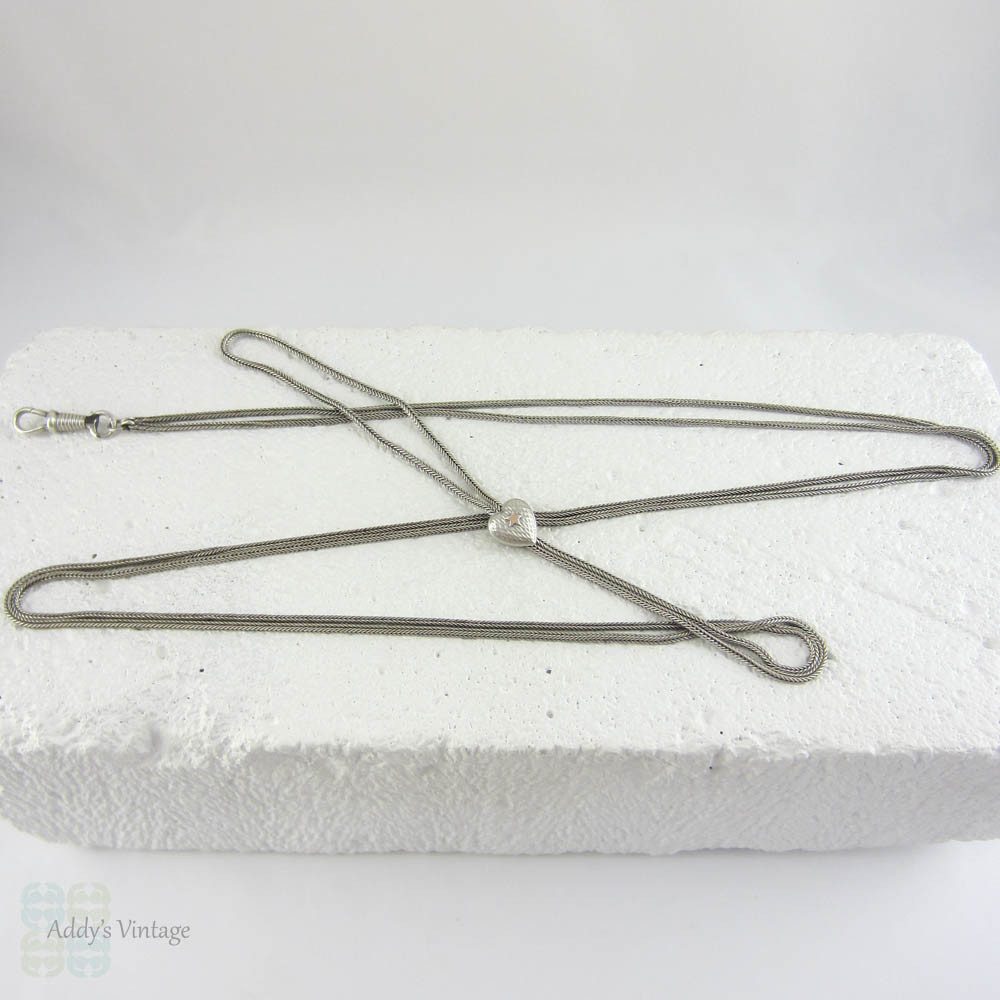 Vintage Long Guard Snake Chain. Heart Shaped Slider with Star Decoration and Dog Clip in 800 Silver.  