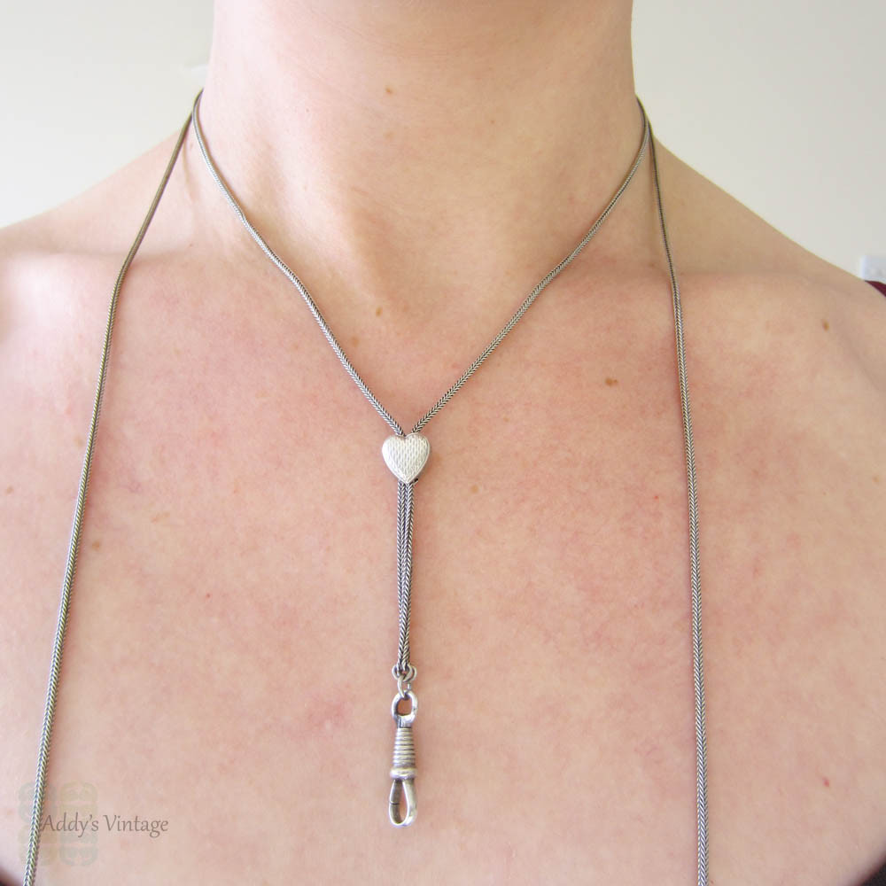 Vintage Long Guard Snake Chain. Heart Shaped Slider with Star Decoration and Dog Clip in 800 Silver.  