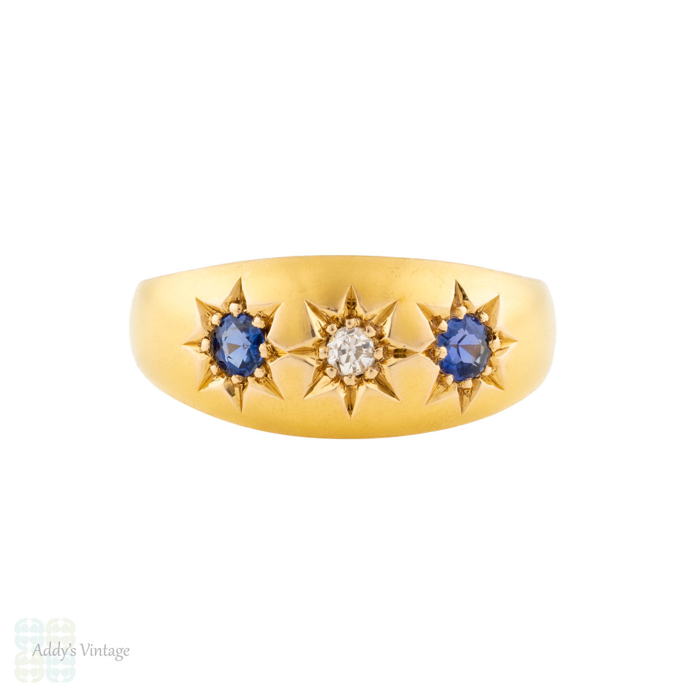 Antique 18ct Gold Star Set Diamond & Sapphire Three Stone Ring.