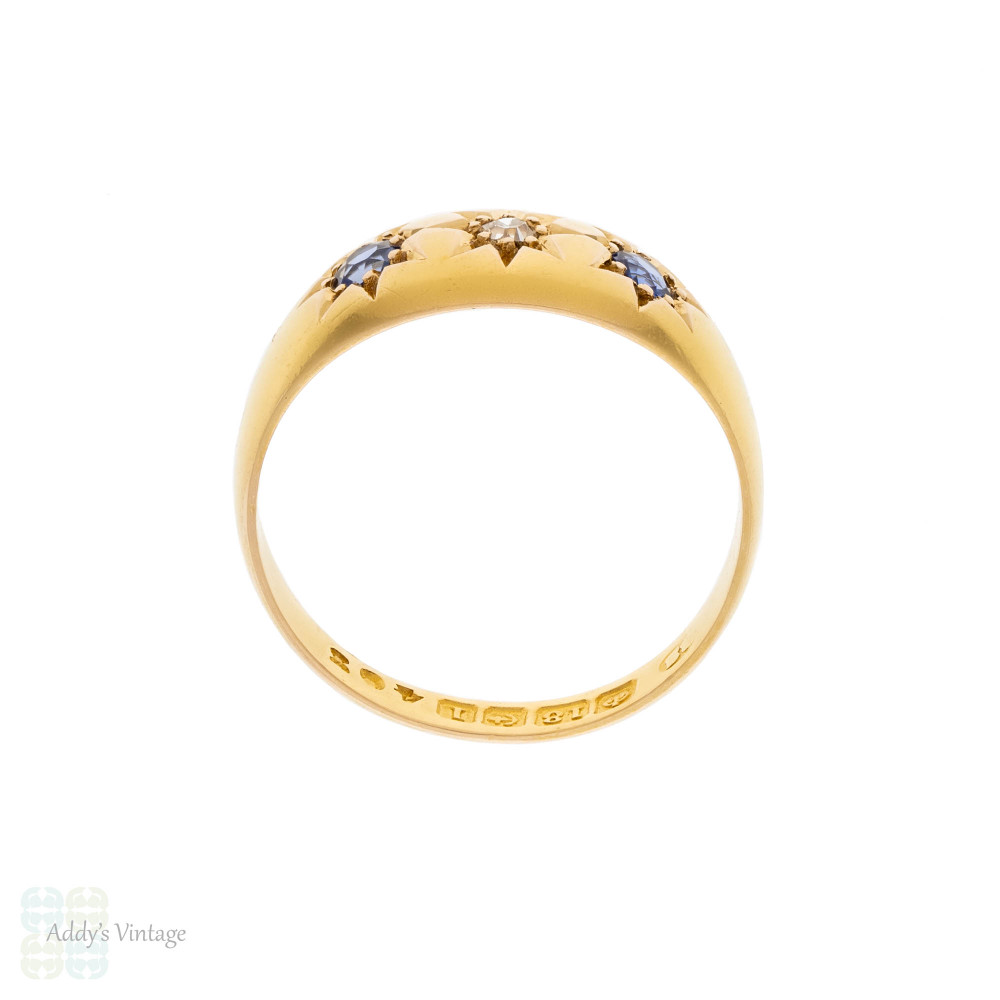Antique 18ct Gold Star Set Diamond & Sapphire Three Stone Ring.
