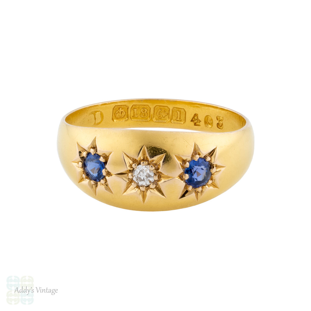 Antique 18ct Gold Star Set Diamond & Sapphire Three Stone Ring.
