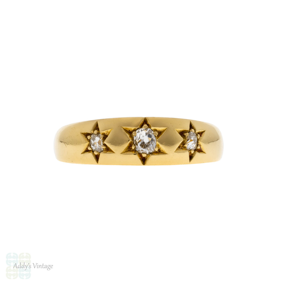 Antique 18ct Old Mine Cut Diamond Three Stone Star Burst Design Ring.