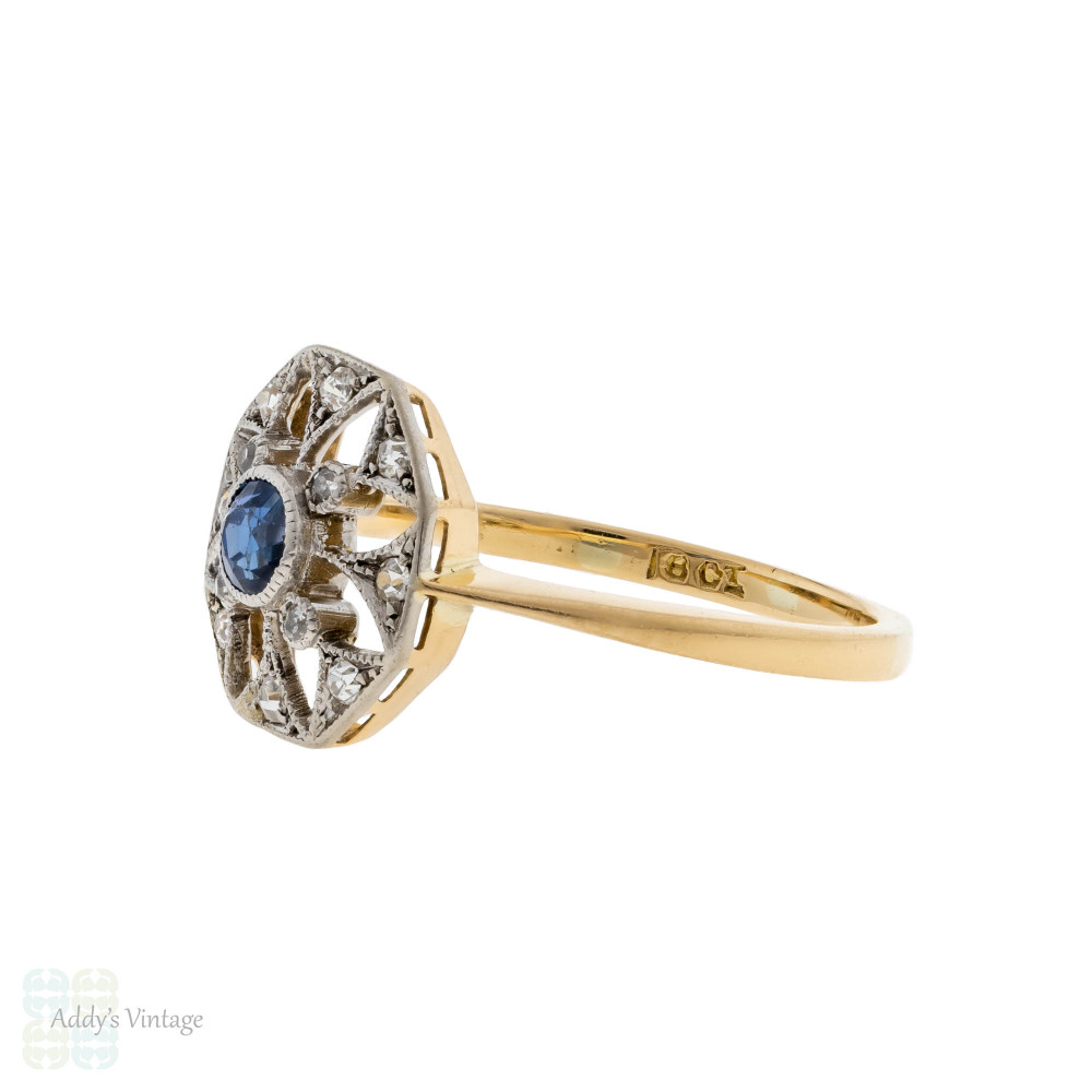 Vintage Sapphire & Diamond Filigree Ring, Snowflake Design 18ct Gold.