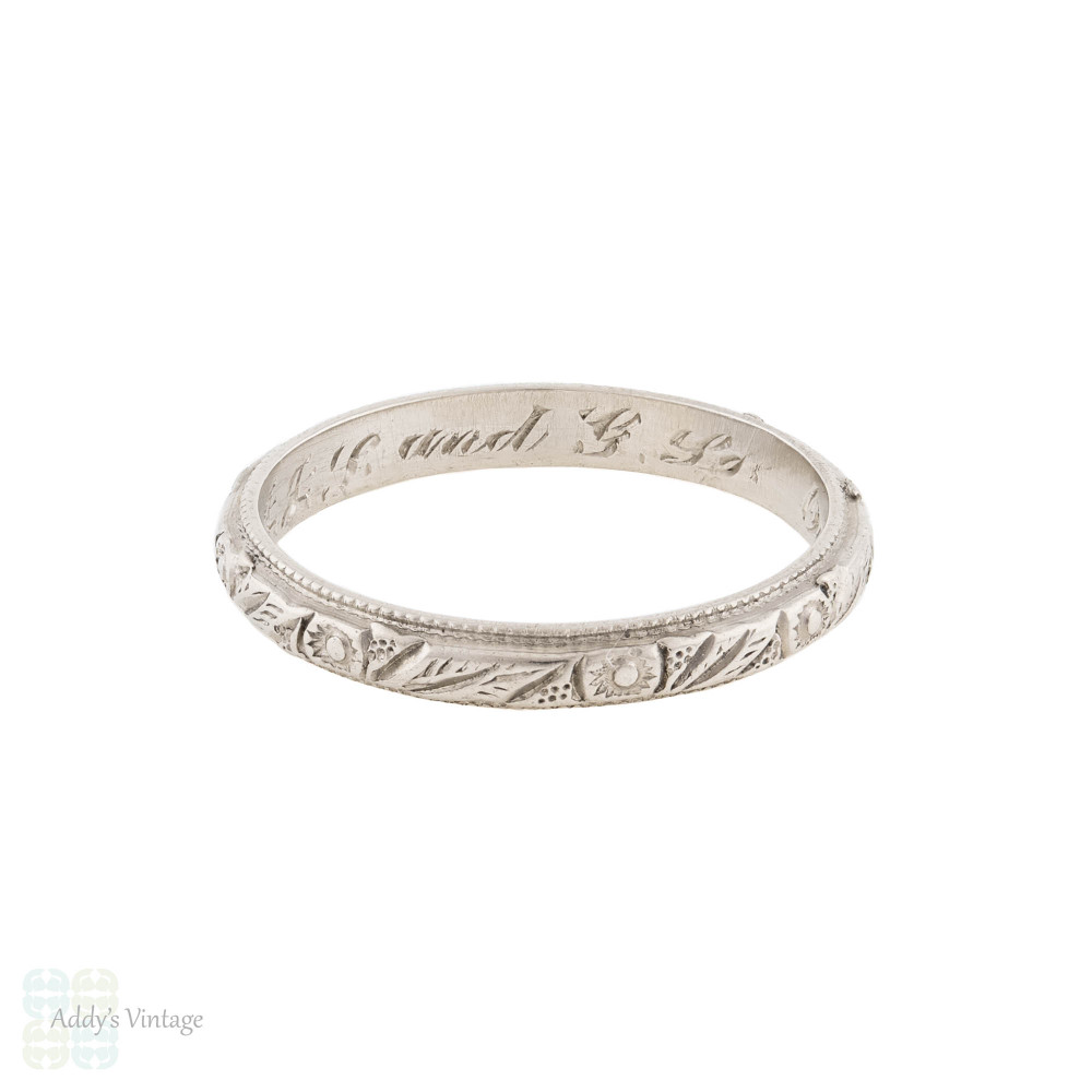 1920s Platinum Engraved Wedding Ring, Floral Design Band Size J.5 / 5+