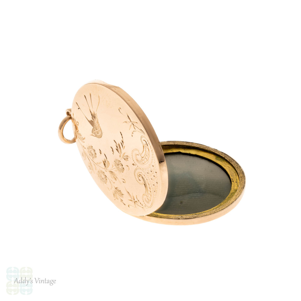 Swallow Engraved 9ct Gold Front & Back  Antique Locket.
