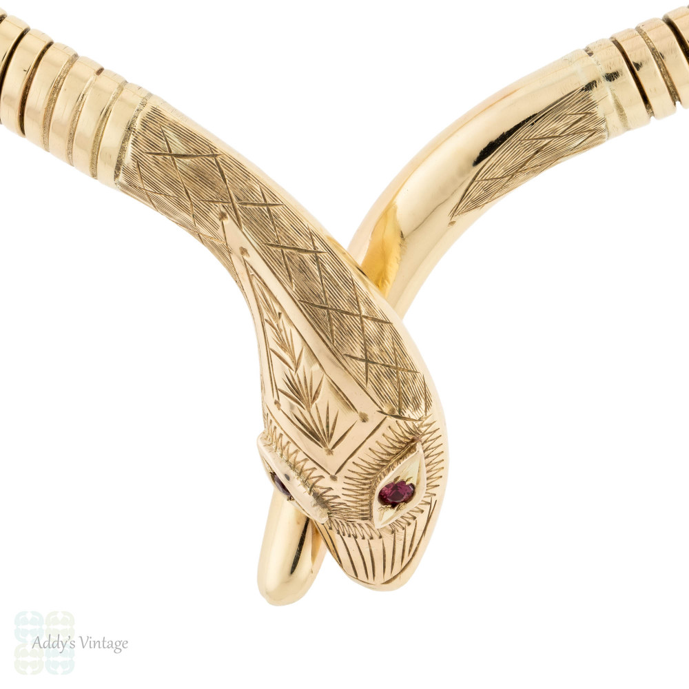 Retro 9ct Gold Snake Necklace with Ruby Eyes by Cropp & Farr.