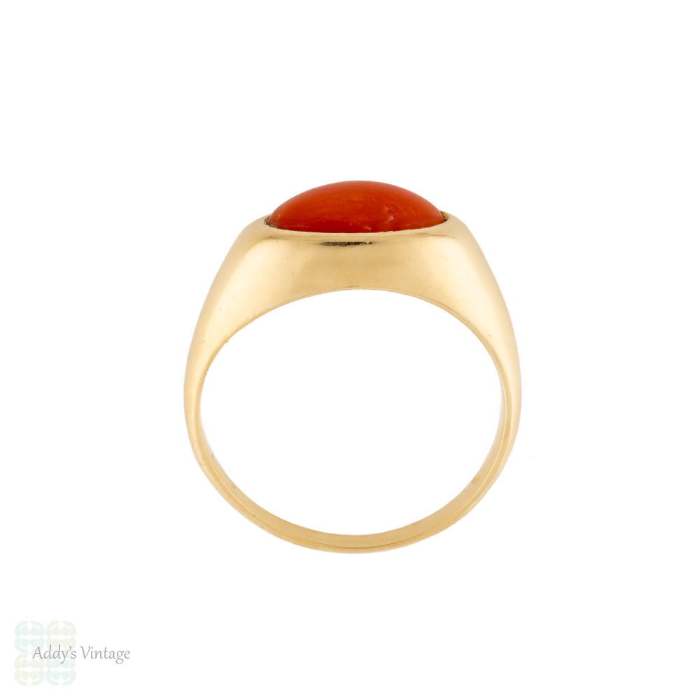 Vintage Coral Cabochon Bezel Set 18ct Gold Ring, Mid Century.