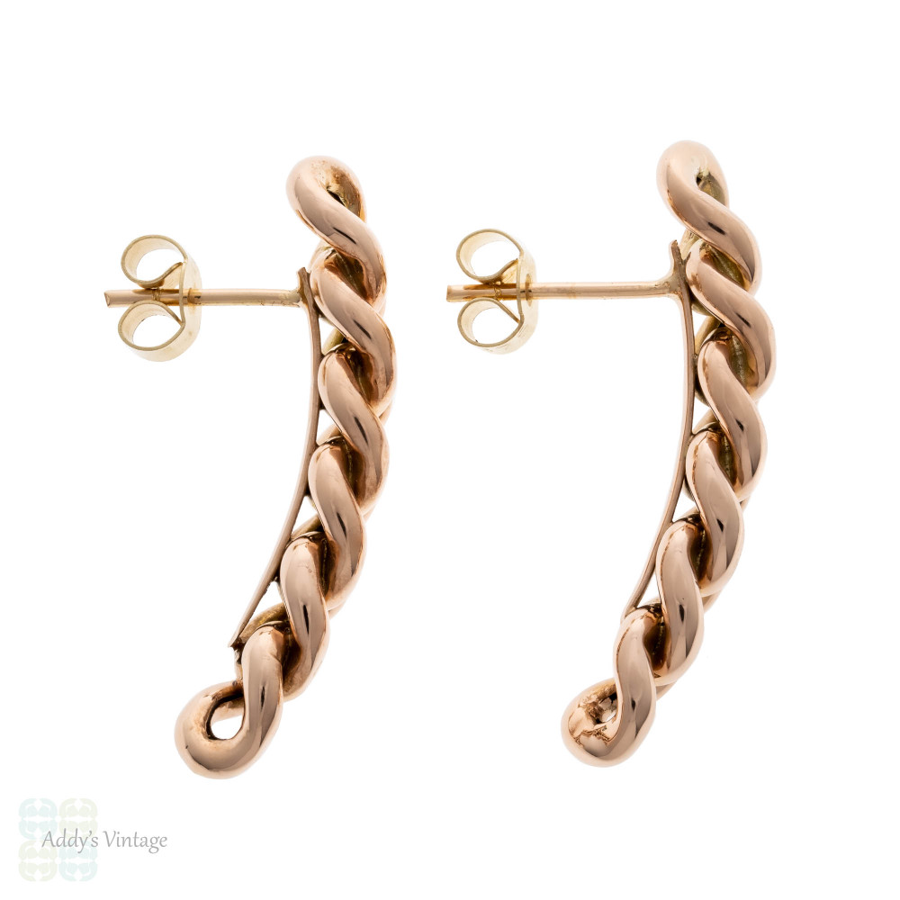 Retro Chain Link Design 9ct Gold Earrings, Victorian Conversion. Addy
