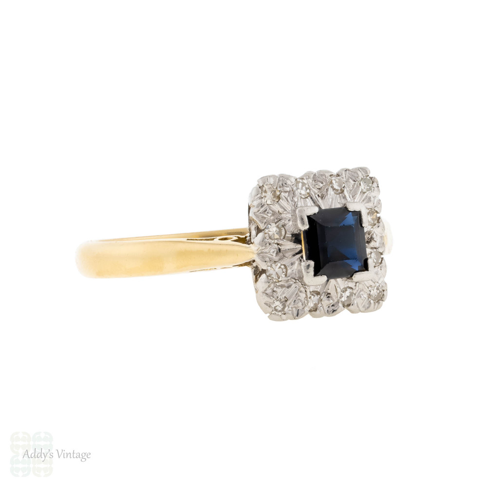Sapphire & Diamond Vintage Square Halo Engagement Ring, 18ct & Platinum.