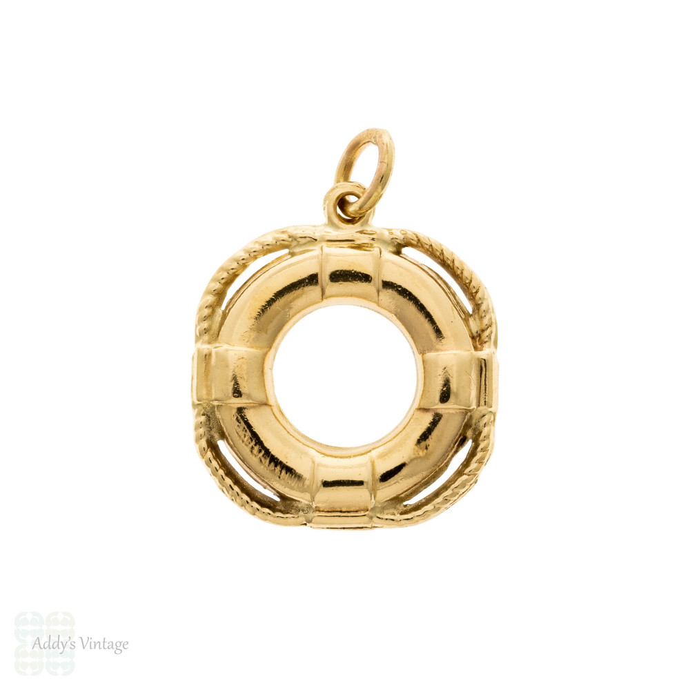 Lifesaver 9ct Gold Pendant, Vintage Midcentury Life Ring 9k Charm.