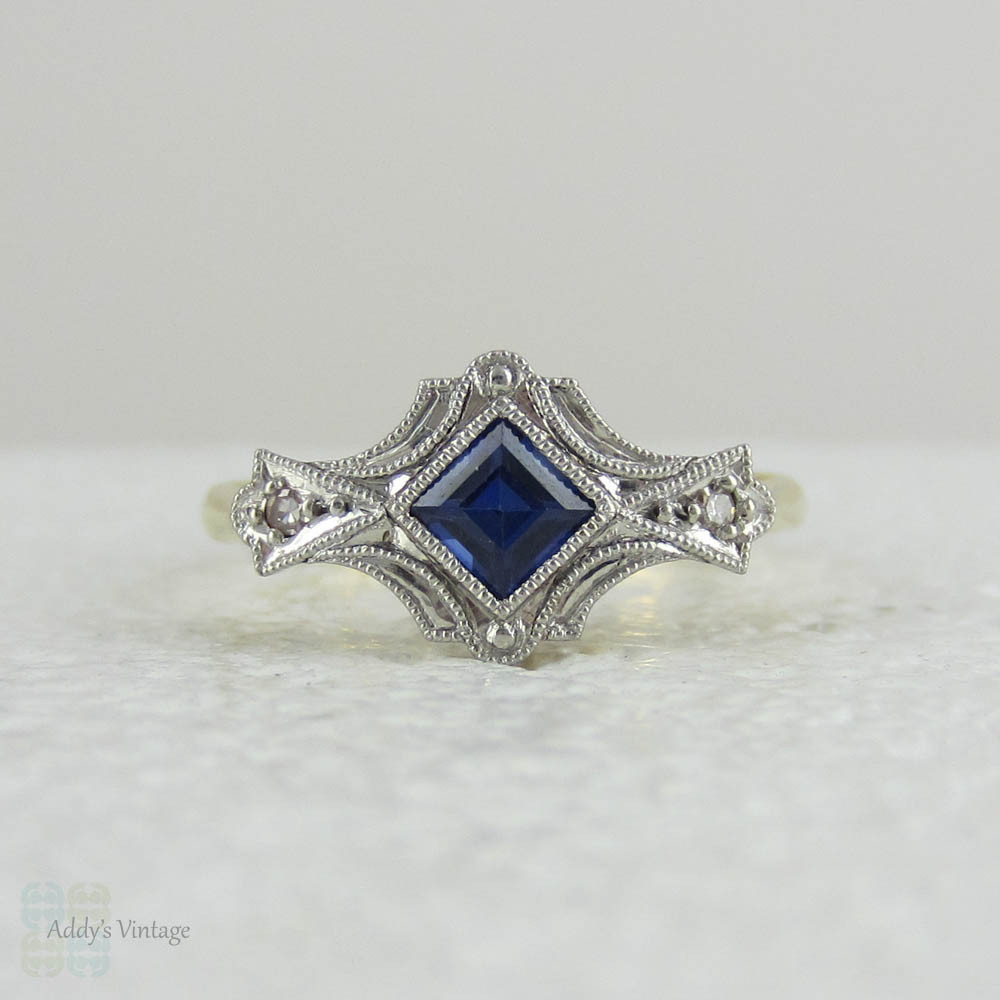 Art Nouveau Sapphire Engagement Ring, Stunning Diamond & Square