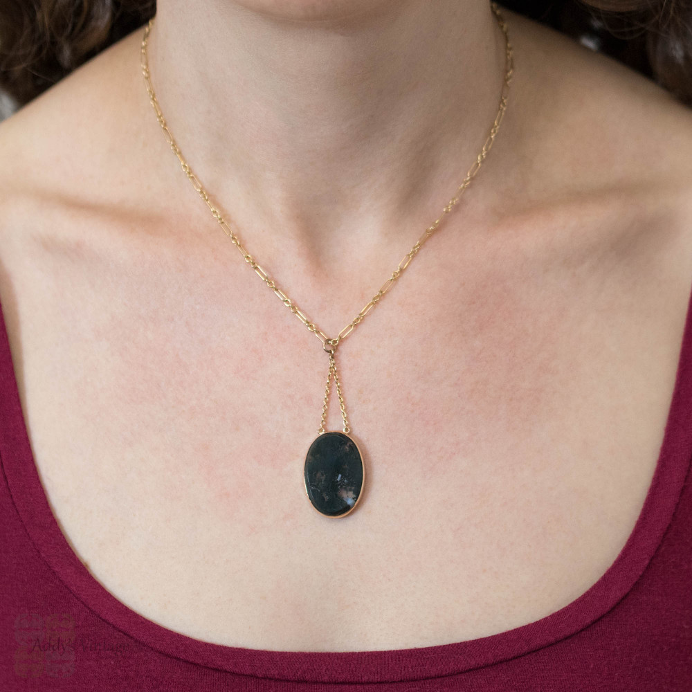 Antique Victorian Moss Agate 9ct Bezel Set Pendant.