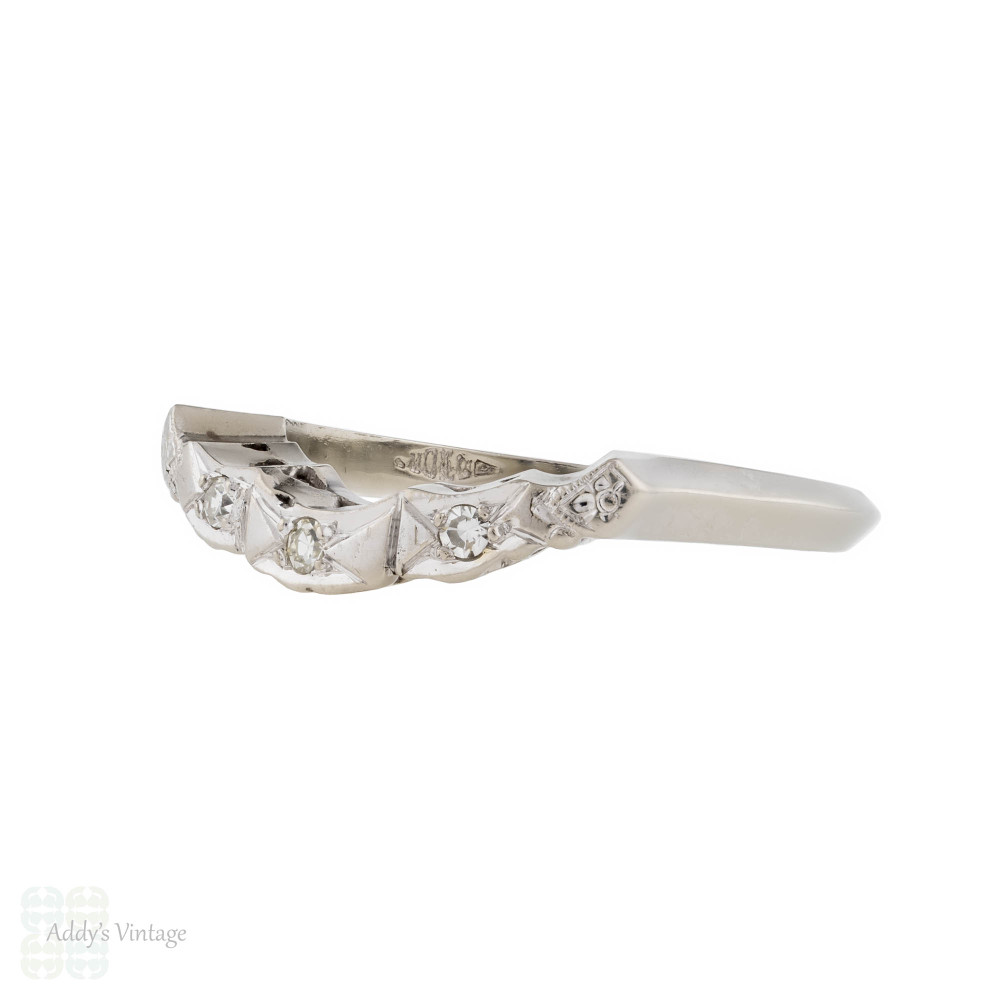 Vintage Curved Diamond Wedding Ring, 14k Three Stone Band.