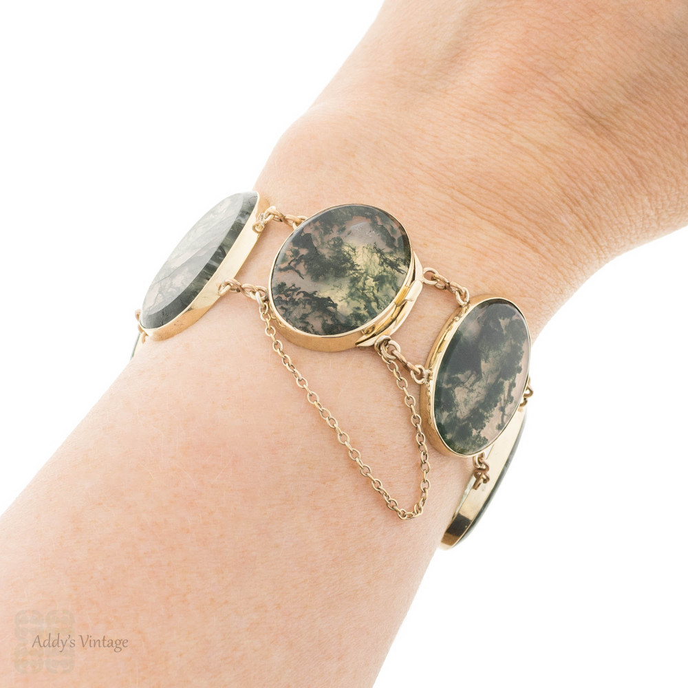 RESERVED Antique Green Moss Agate 9ct 9k Bezel Set Panel Bracelet.