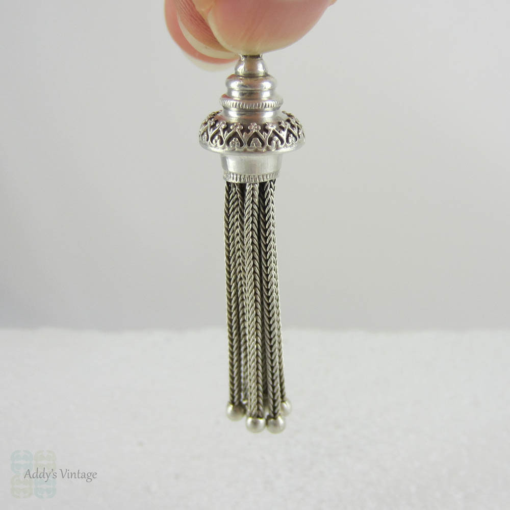 Antique Silver 7 Strand Tassel with Crown Design and Beaded Edges. Victorian 800-900 Silver Charm for Pendant or Watch Fob.