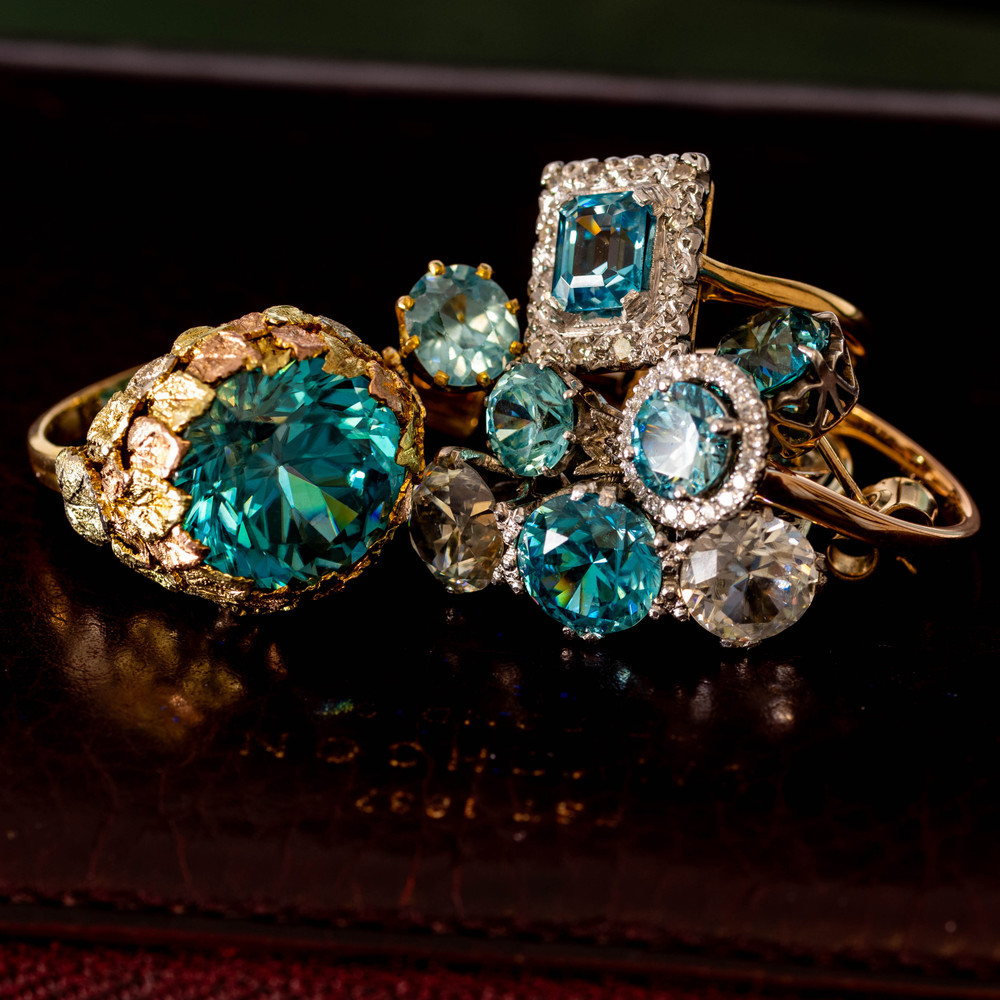 Blue Zircon Gold & Platinum Heart Design Vintage Stud Earrings.