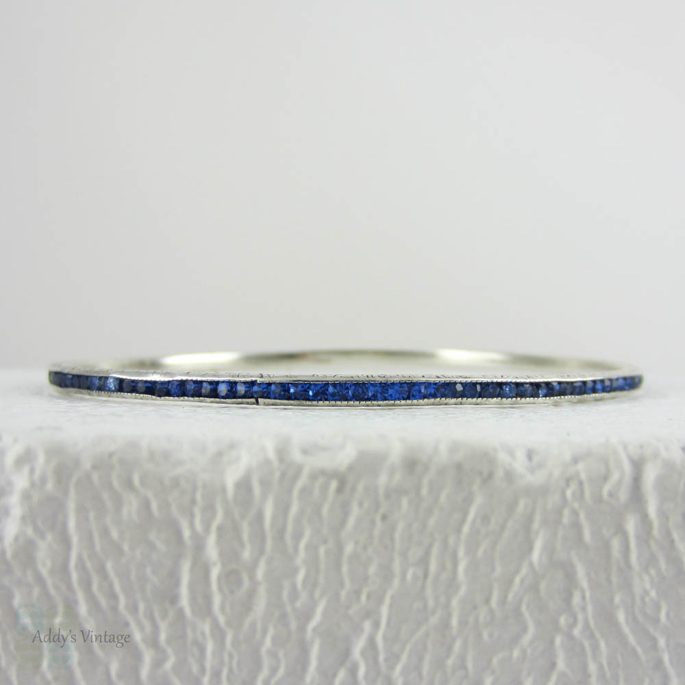 Art Deco Sapphire Blue Paste Sterling Silver Bangle Bracelet. Beaded Edge & Engraved Sides, Circa 1920s.