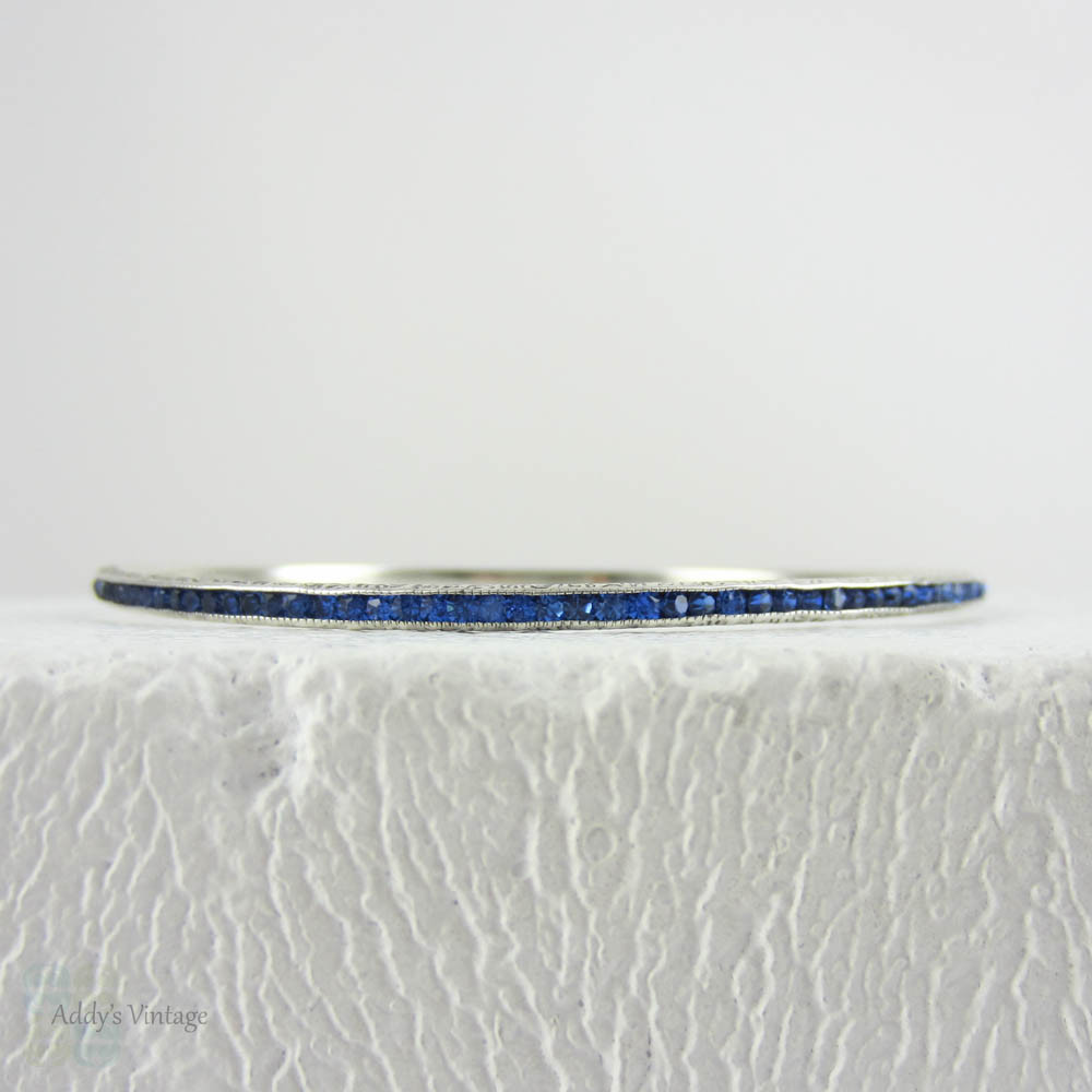 Art Deco Sapphire Blue Paste Sterling Silver Bangle Bracelet. Beaded Edge & Engraved Sides, Circa 1920s.