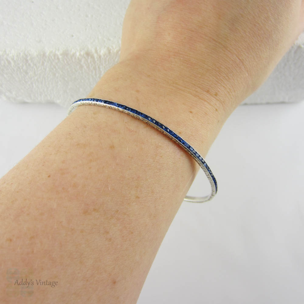 Art Deco Sapphire Blue Paste Sterling Silver Bangle Bracelet. Beaded Edge & Engraved Sides, Circa 1920s.