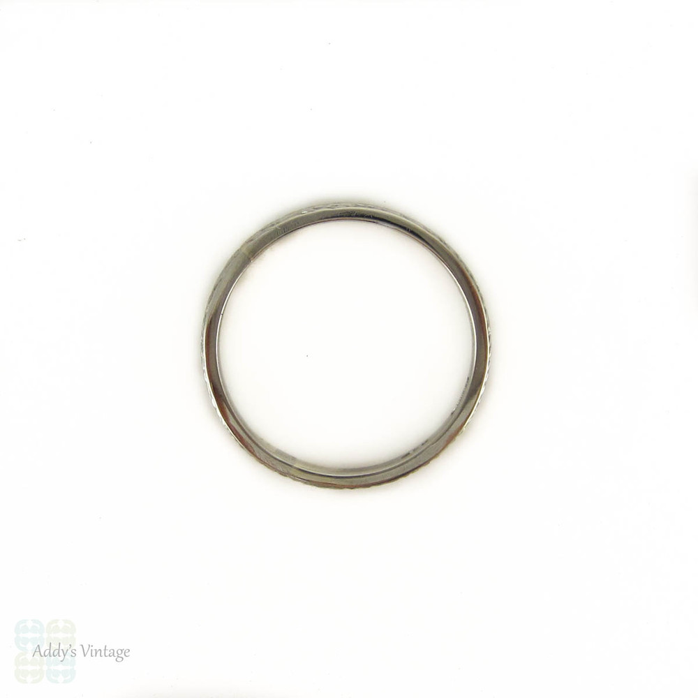 Art Deco Engraved Platinum Wedding Ring, Narrow Fully Engraved Band by Alabaster & Wilson, Circa 1920s - 1930s. Size O / 7.25.