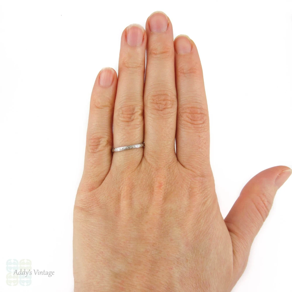 Art Deco Engraved Platinum Wedding Ring, Narrow Fully Engraved Band by Alabaster & Wilson, Circa 1920s - 1930s. Size O / 7.25.