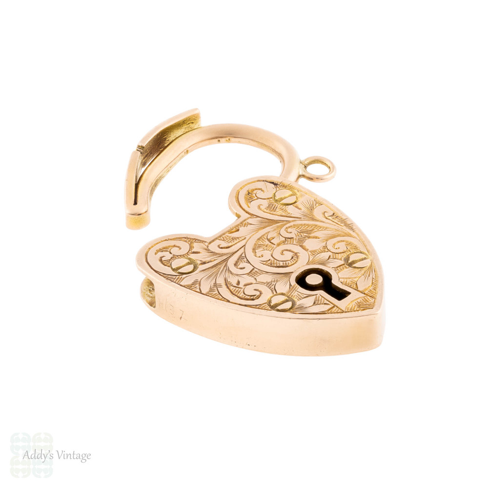 Large Antique Engraved 9ct Gold Heart Padlock, Love Heart Lock Pendant.